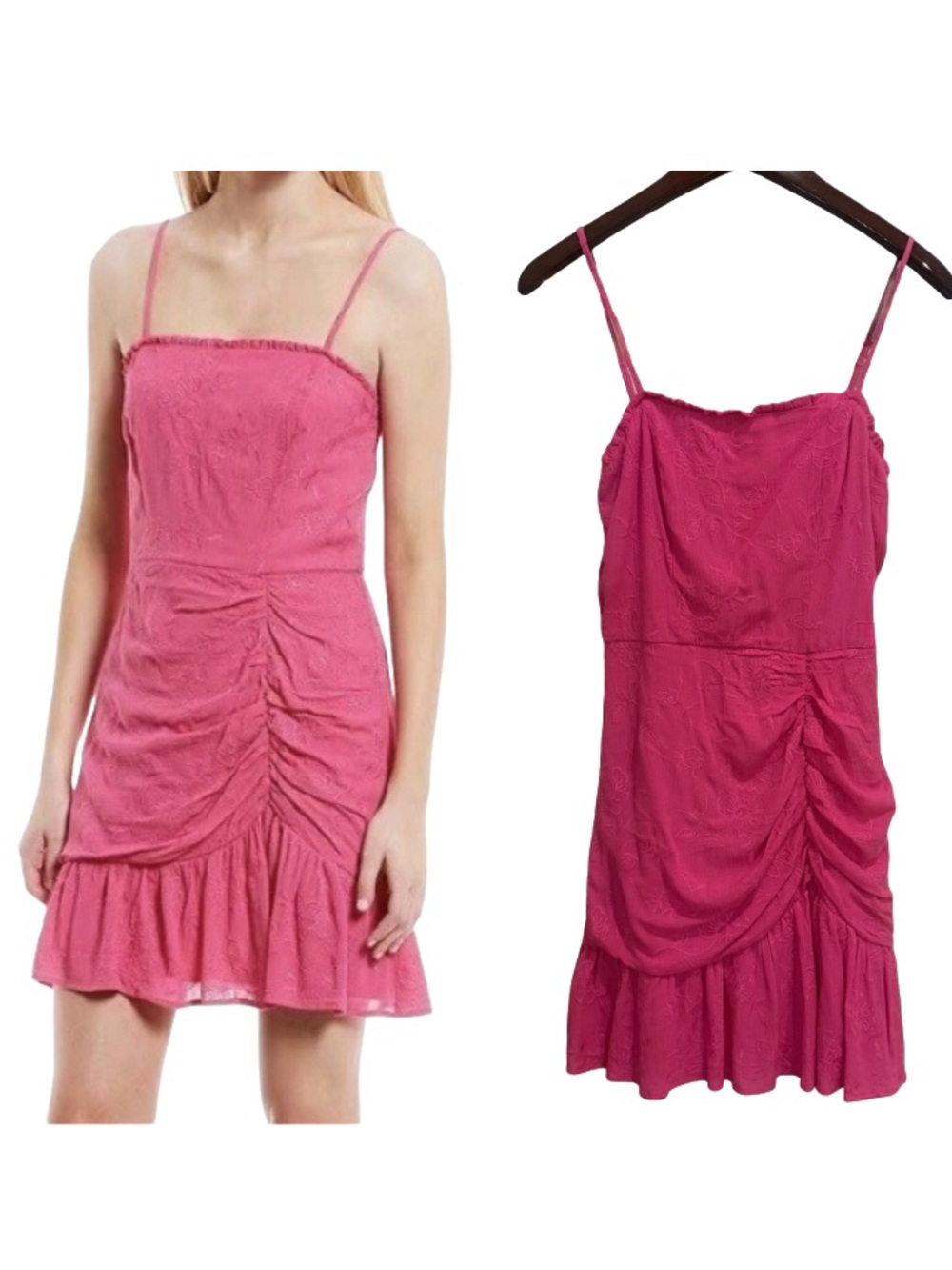 Midnight Doll Fuchsia Bright Pink Embroidered Ruched Flounce Mini Dress S NWT